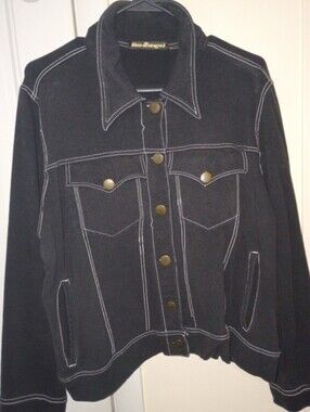 Trendy Black Stretch Denim Jacket with White Contrast Stitching